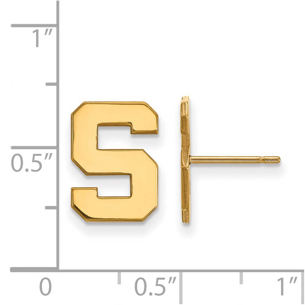 Alternate view of the 14k Yellow Gold Michigan State University Small 'S' Post Earrings by The Black Bow Jewelry Co.
