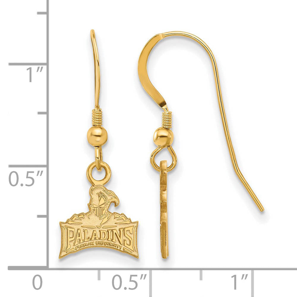 Alternate view of the 14k Gold Plated Silver Furman University XS (Tiny) Dangle Earrings by The Black Bow Jewelry Co.