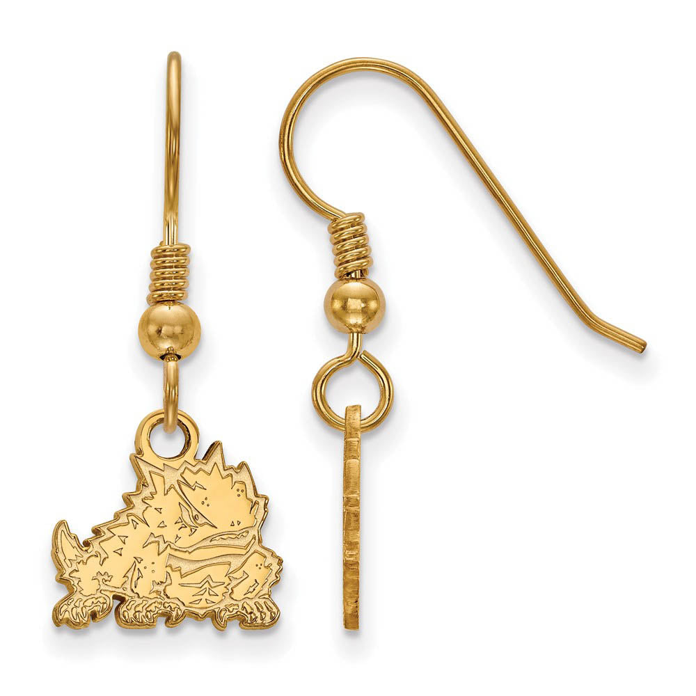 14k Gold Plated Silver Texas Christian University Dangle Earrings, Item E15410 by The Black Bow Jewelry Co.