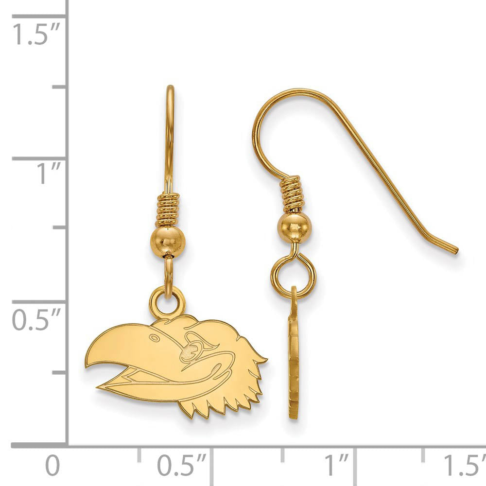 Alternate view of the 14k Gold Plated Silver Univ. of Kansas XS Dangle Earrings by The Black Bow Jewelry Co.