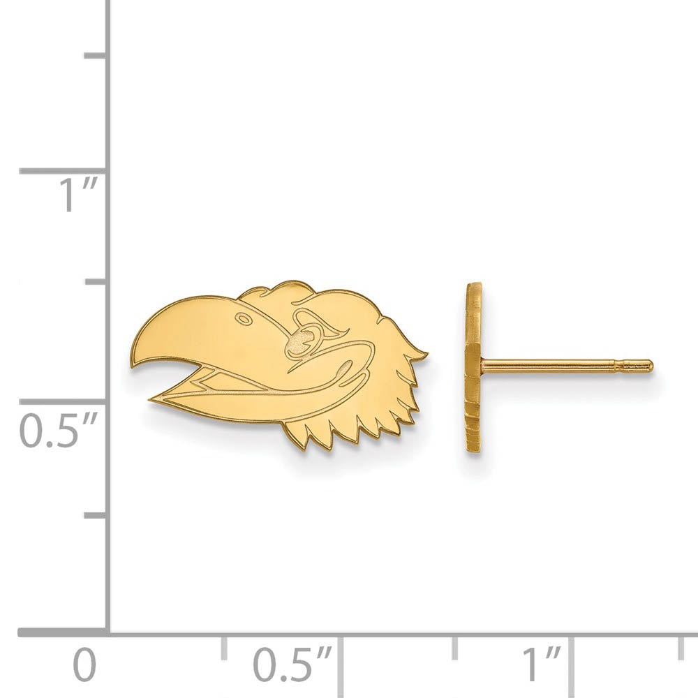 Alternate view of the 10k Yellow Gold University of Kansas XS Mascot Head Post Earrings by The Black Bow Jewelry Co.