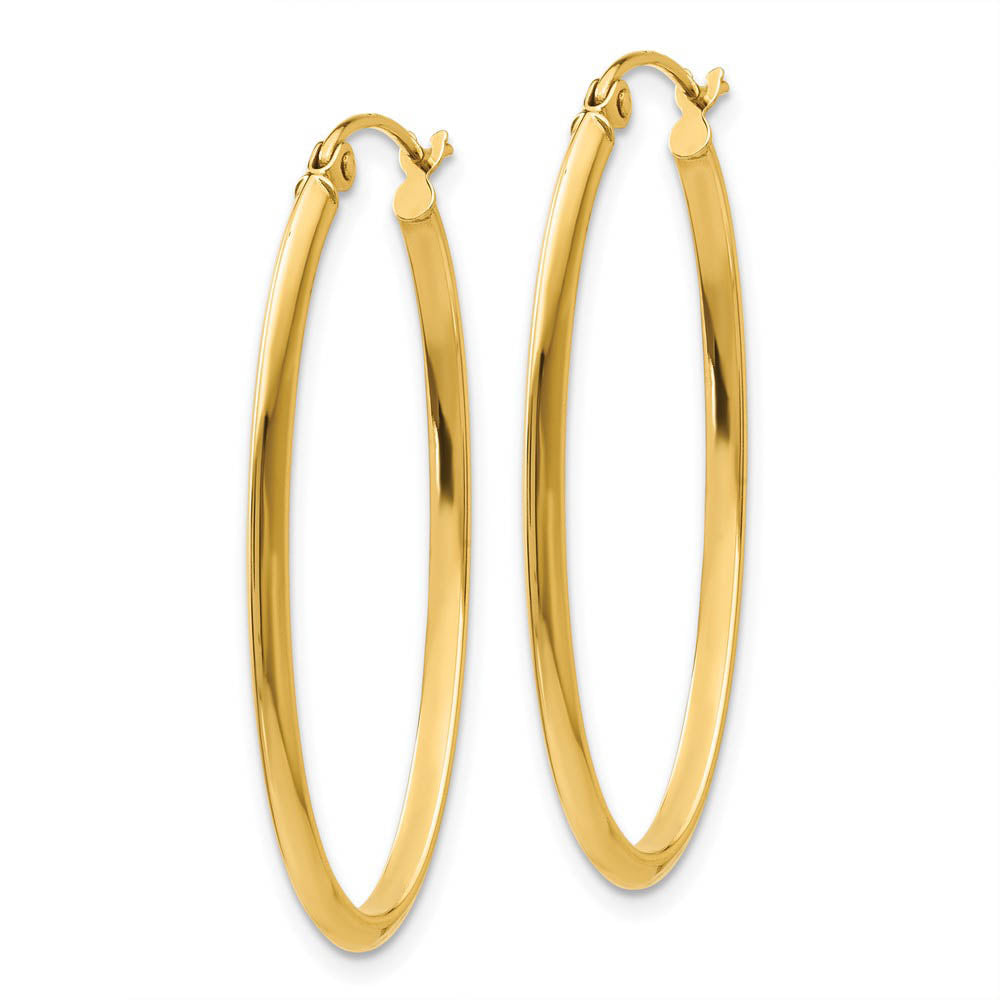 Alternate view of the 2mm x 35mm (1 3/8 Inch) Polished 14k Yellow Gold Point Edge Oval Hoops by The Black Bow Jewelry Co.