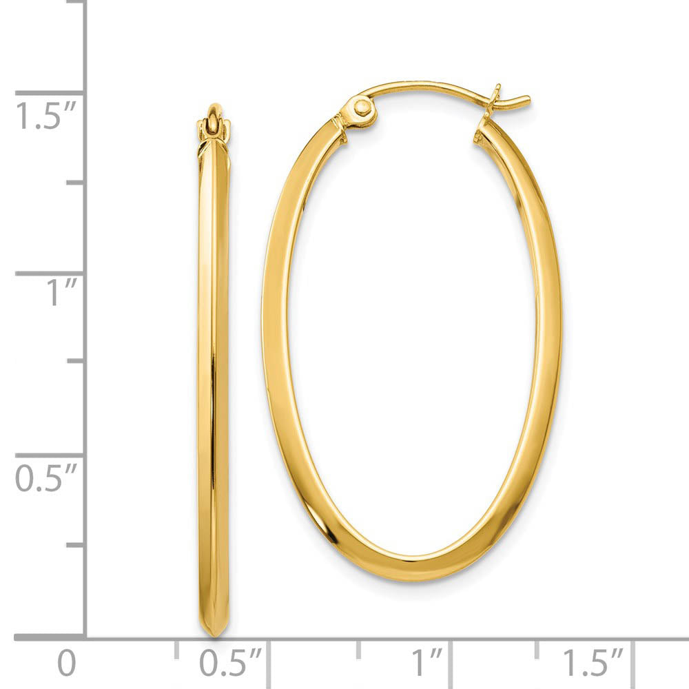 Alternate view of the 2mm x 35mm (1 3/8 Inch) Polished 14k Yellow Gold Point Edge Oval Hoops by The Black Bow Jewelry Co.