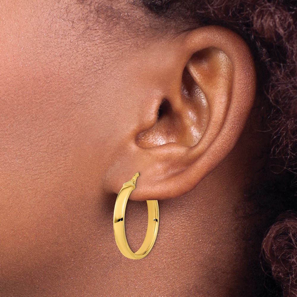 Alternate view of the 3.75mm x 25mm (1 Inch) 14k Yellow Gold Domed Round Tube Hoop Earrings by The Black Bow Jewelry Co.