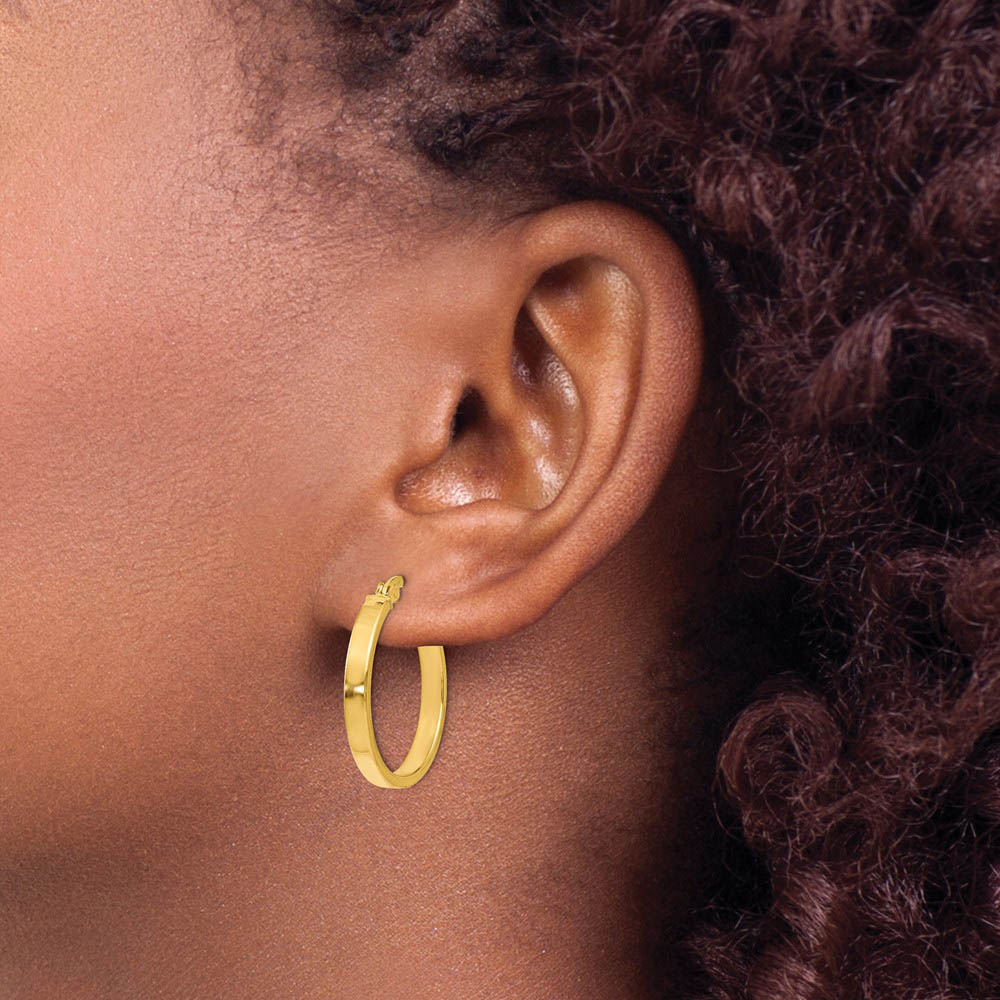 Alternate view of the 3mm x 22mm (7/8 Inch) Polished 14k Yellow Gold Flat Edge Round Hoops by The Black Bow Jewelry Co.