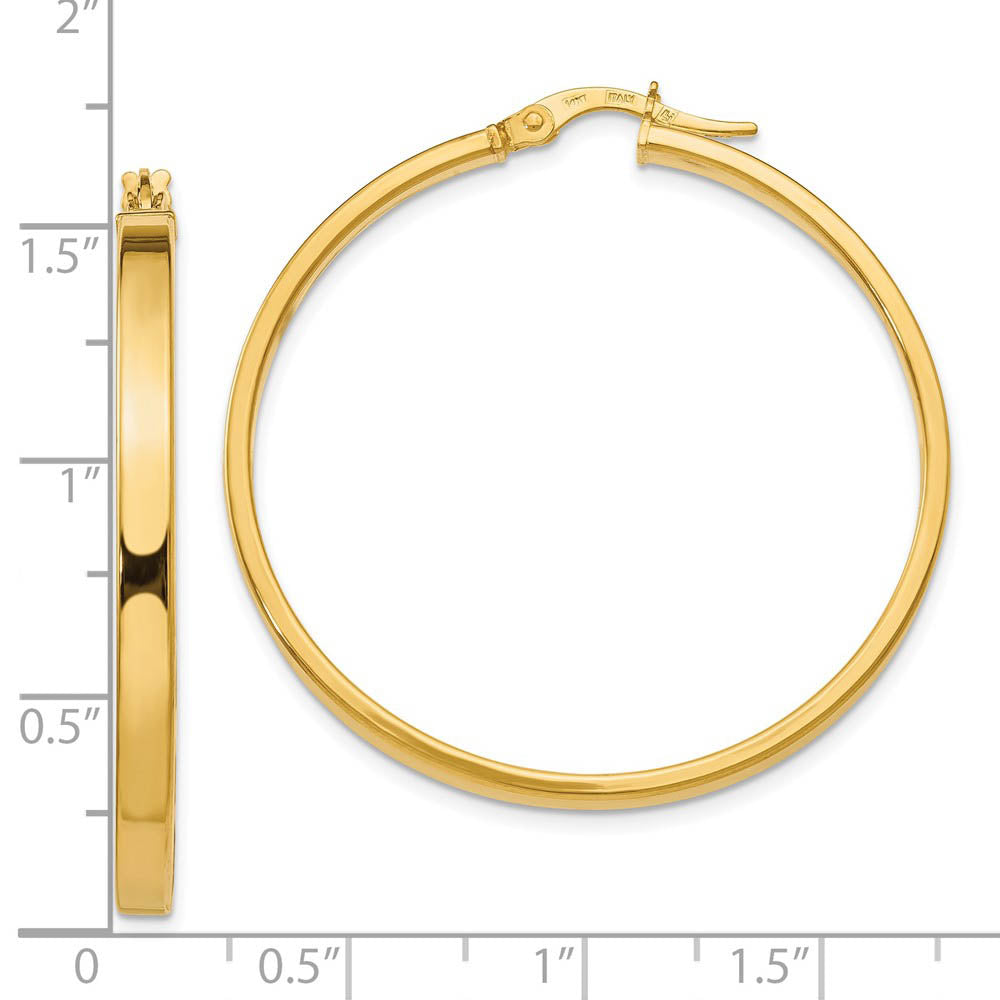 Alternate view of the 3mm x 38mm (1 1/2 Inch) Polished 14k Yellow Gold Flat Edge Round Hoops by The Black Bow Jewelry Co.