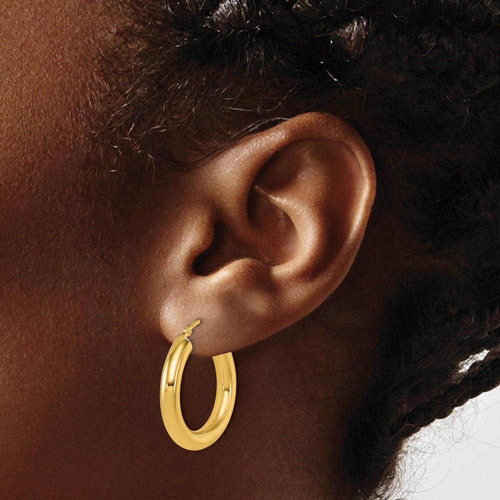 Alternate view of the 4mm x 24mm (15/16 Inch) 14k Yellow Gold Classic Round Hoop Earrings by The Black Bow Jewelry Co.