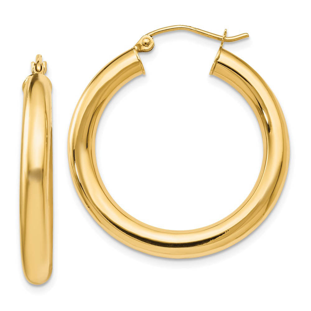 4mm x 29mm (1 1/8 Inch) 14k Yellow Gold Classic Round Hoop Earrings, Item E16433 by The Black Bow Jewelry Co.
