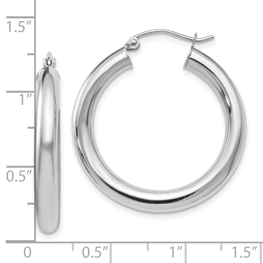 Alternate view of the 4mm x 29mm (1 1/8 Inch) 14k White Gold Classic Round Hoop Earrings by The Black Bow Jewelry Co.