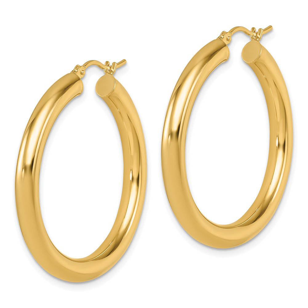 Alternate view of the 4mm x 34mm (1 5/16 Inch) 14k Yellow Gold Classic Round Hoop Earrings by The Black Bow Jewelry Co.