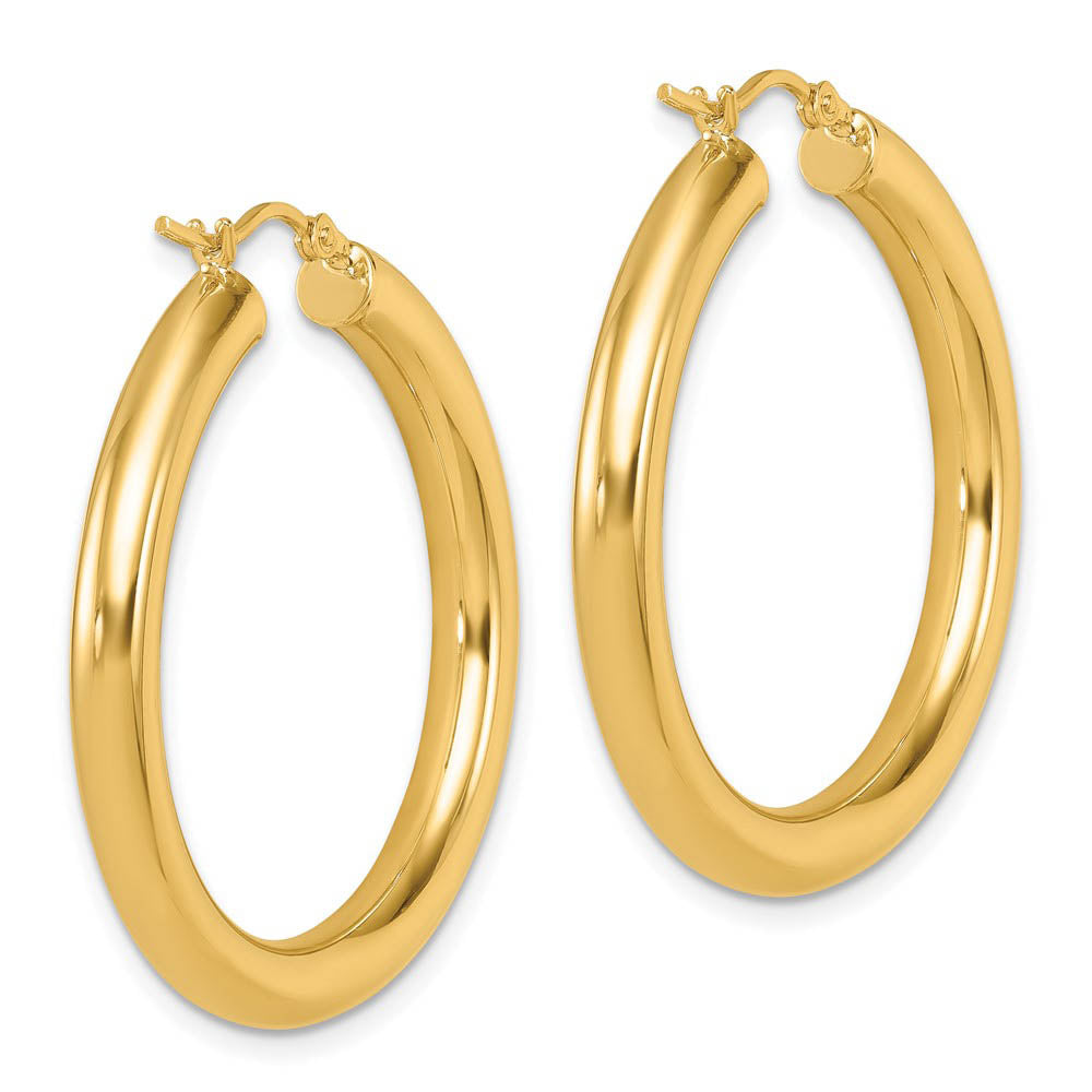 Alternate view of the 4mm x 34mm (1 5/16 Inch) 14k Yellow Gold Classic Round Hoop Earrings by The Black Bow Jewelry Co.