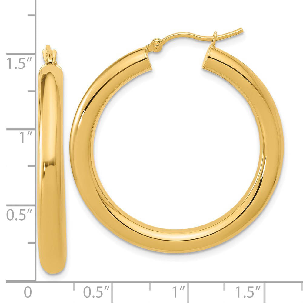Alternate view of the 4mm x 34mm (1 5/16 Inch) 14k Yellow Gold Classic Round Hoop Earrings by The Black Bow Jewelry Co.