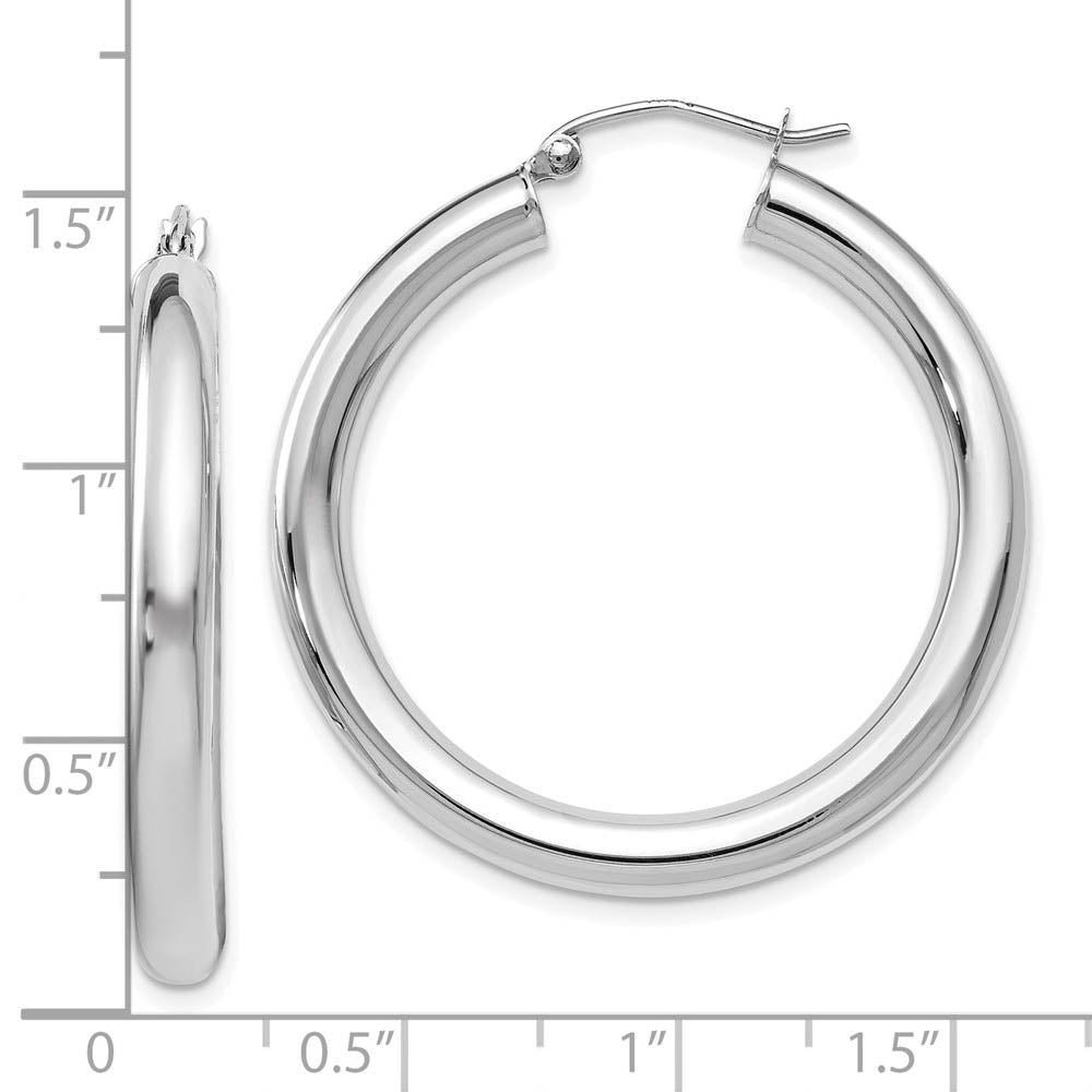 Alternate view of the 4mm x 34mm (1 5/16 Inch) 14k White Gold Classic Round Hoop Earrings by The Black Bow Jewelry Co.