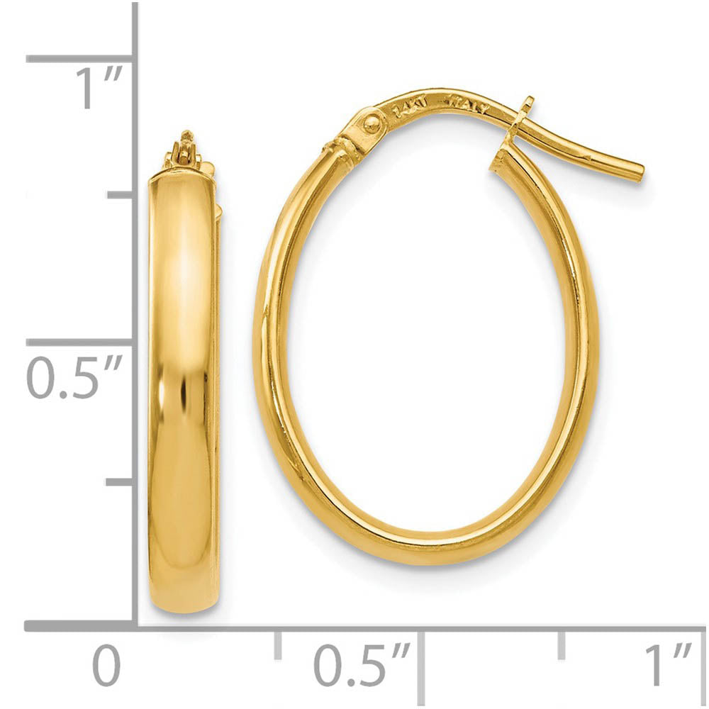 Alternate view of the 3mm x 22mm (7/8 Inch) Polished 14k Yellow Gold Oval Tube Hoop Earrings by The Black Bow Jewelry Co.