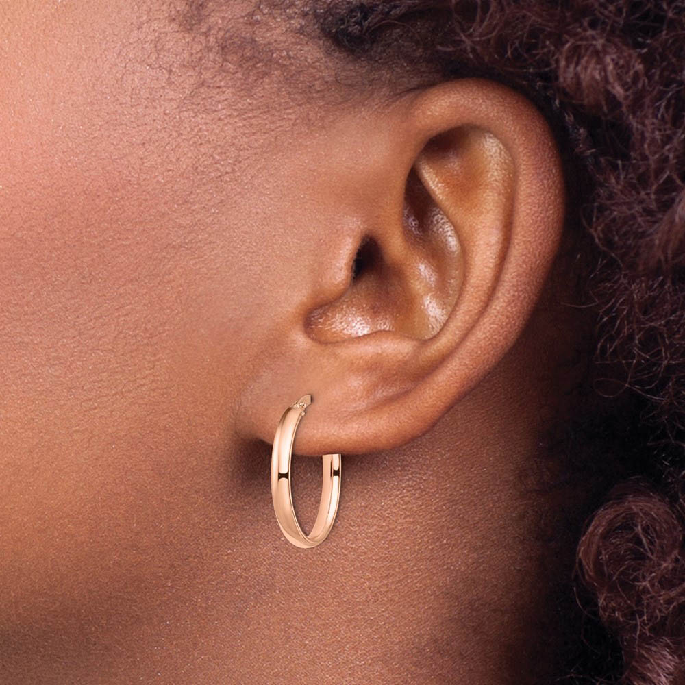 Alternate view of the 3mm x 22mm (7/8 Inch) Polished 14k Rose Gold Oval Tube Hoop Earrings by The Black Bow Jewelry Co.