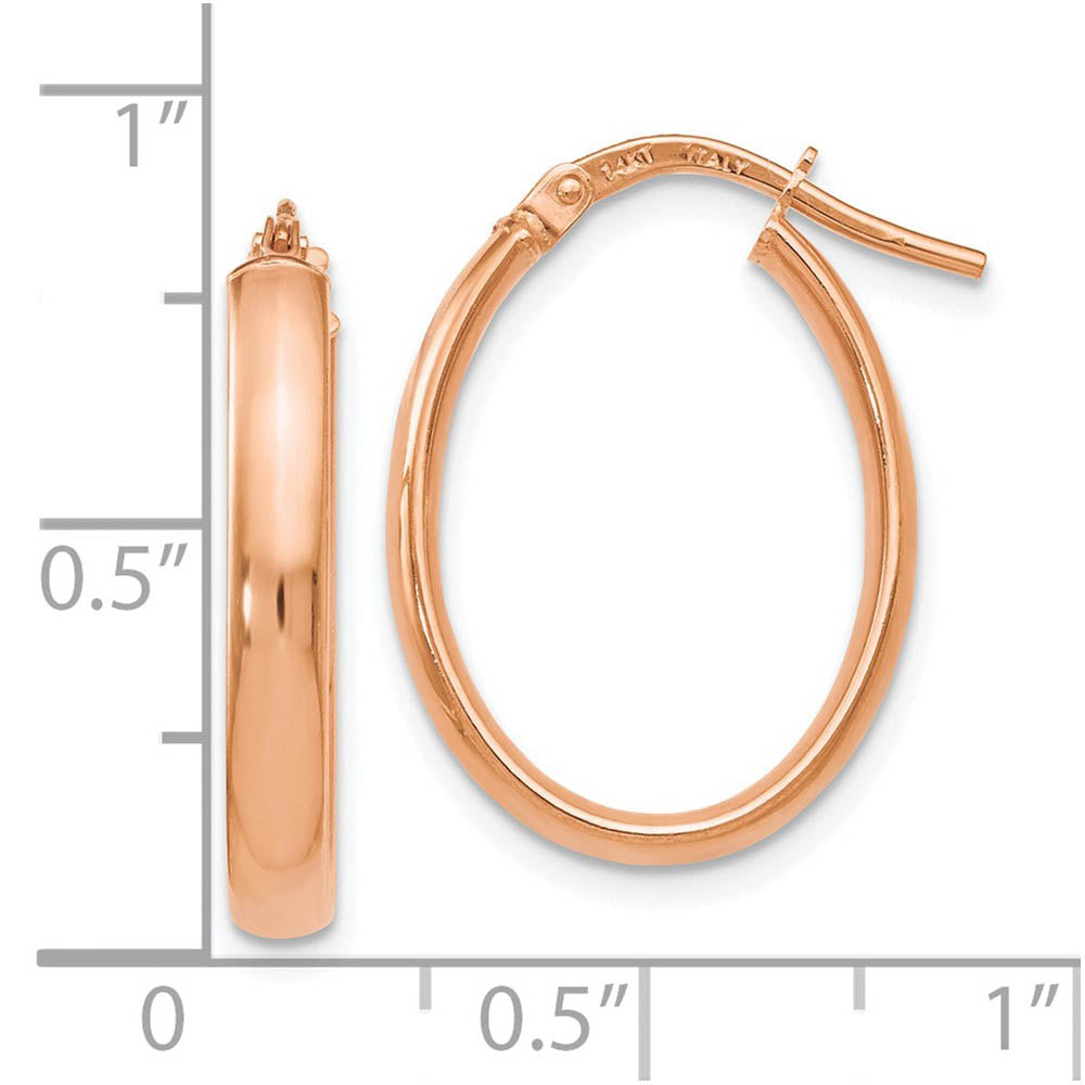 Alternate view of the 3mm x 22mm (7/8 Inch) Polished 14k Rose Gold Oval Tube Hoop Earrings by The Black Bow Jewelry Co.