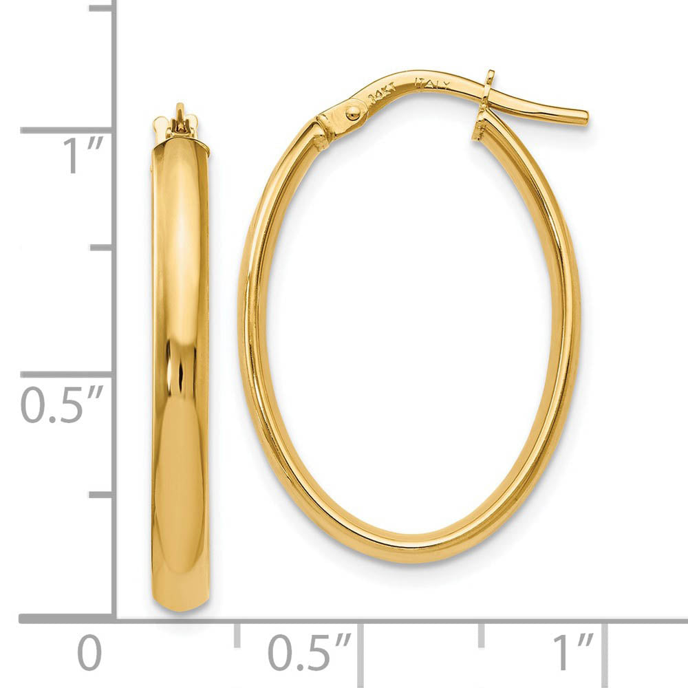 Alternate view of the 3mm x 26mm (1 Inch) Polished 14k Yellow Gold Oval Tube Hoop Earrings by The Black Bow Jewelry Co.