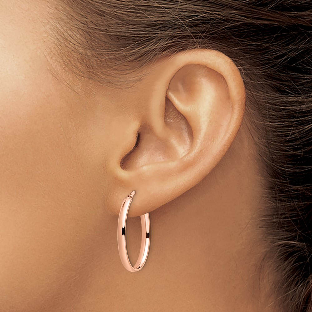 Alternate view of the 3mm x 26mm (1 Inch) Polished 14k Rose Gold Oval Tube Hoop Earrings by The Black Bow Jewelry Co.