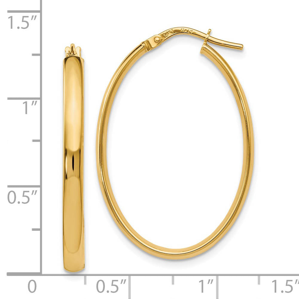 Alternate view of the 3mm x 33mm (1 5/16 Inch) Polished 14k Yellow Gold Oval Tube Hoops by The Black Bow Jewelry Co.