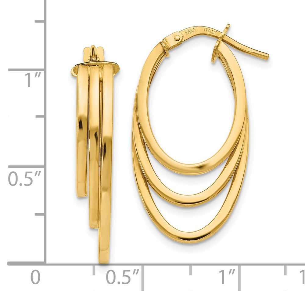 Alternate view of the 5mm x 29mm (1 1/8 Inch) 14k Yellow Gold Triple Oval Hoop Earrings by The Black Bow Jewelry Co.