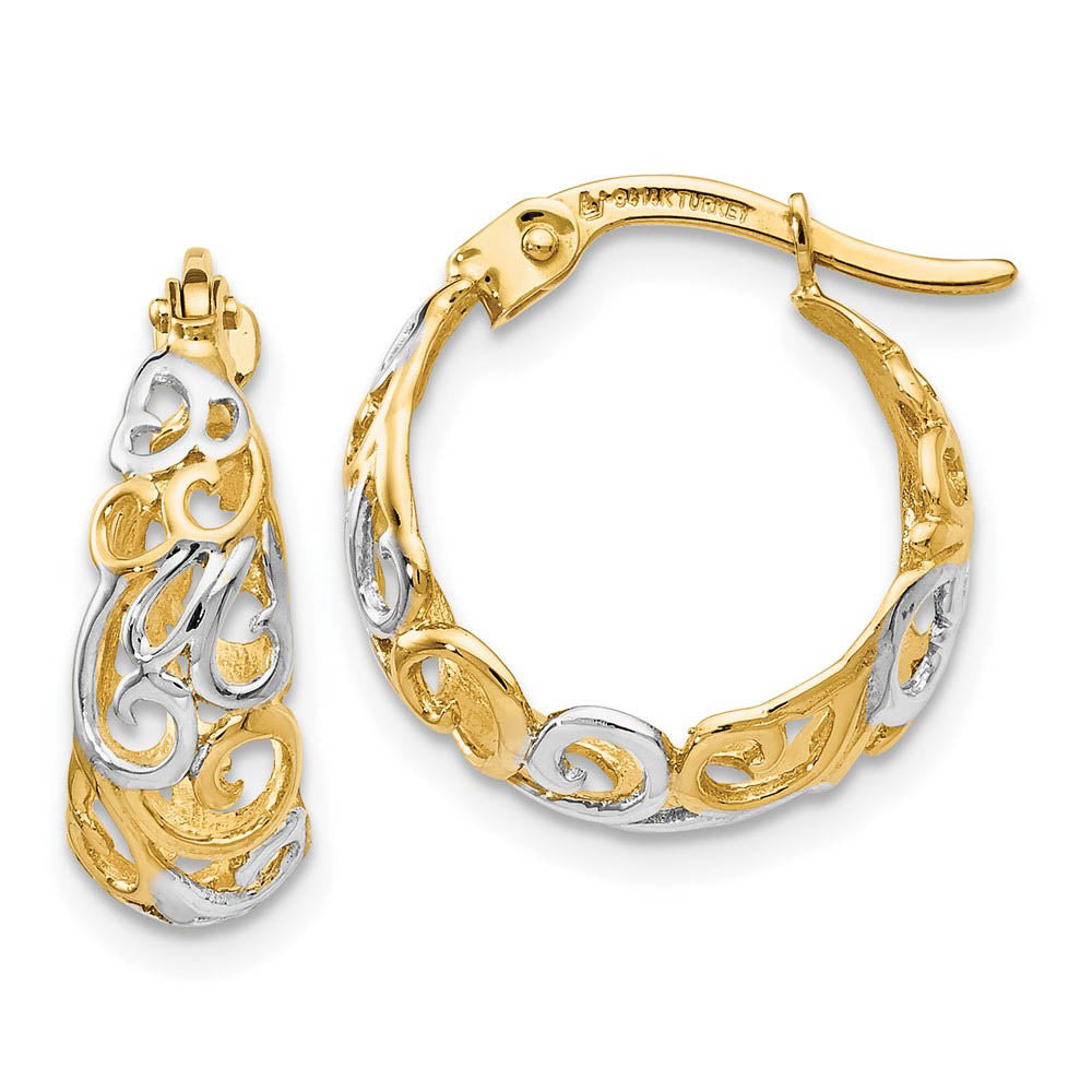 6x16mm (5/8 Inch) 14k Yellow Gold & Rhodium Ornate Tapered Round Hoops, Item E16570 by The Black Bow Jewelry Co.