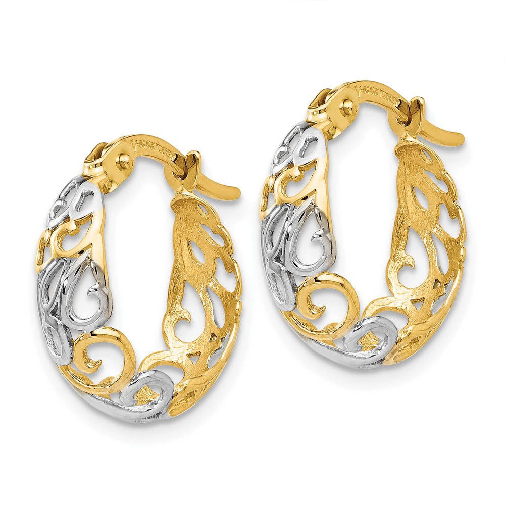 Alternate view of the 6x16mm (5/8 Inch) 14k Yellow Gold & Rhodium Ornate Tapered Round Hoops by The Black Bow Jewelry Co.