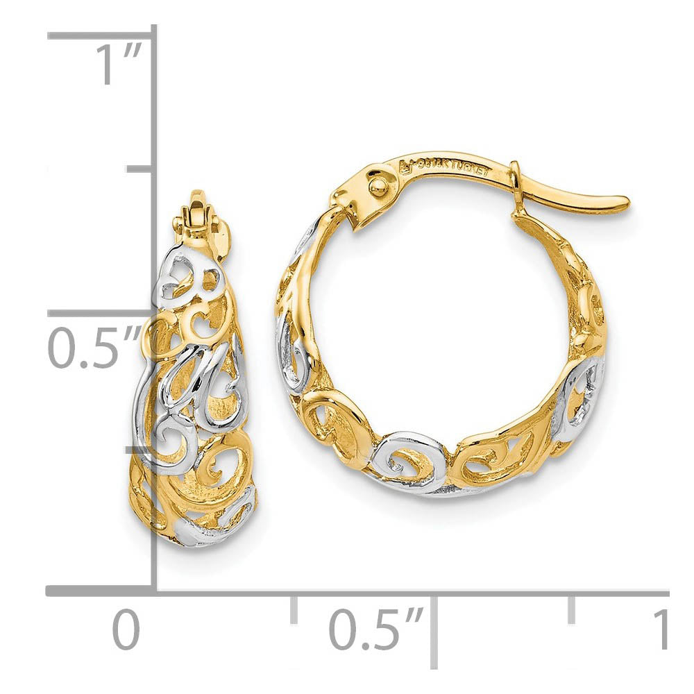 Alternate view of the 6x16mm (5/8 Inch) 14k Yellow Gold & Rhodium Ornate Tapered Round Hoops by The Black Bow Jewelry Co.