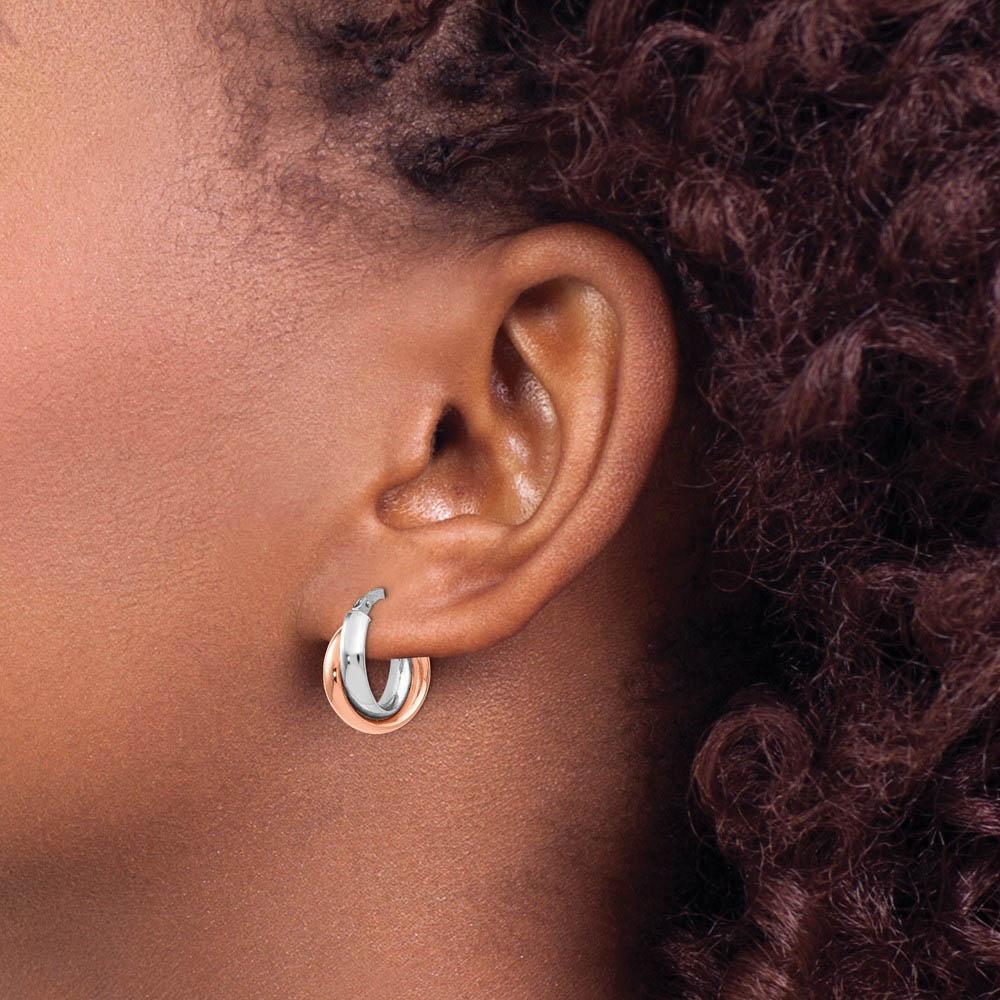 Alternate view of the 7.5x13mm (1/2 Inch) 14k White Gold & 14k Rose Gold Plated Double Hoops by The Black Bow Jewelry Co.
