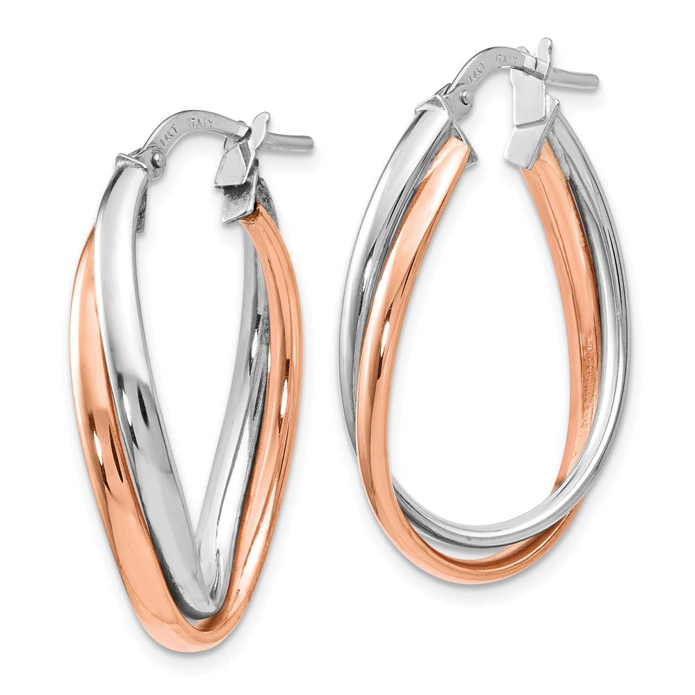 Alternate view of the 4 x 20mm (3/4 Inch) 14k White and Rose Gold Double Oval Hoop Earrings by The Black Bow Jewelry Co.