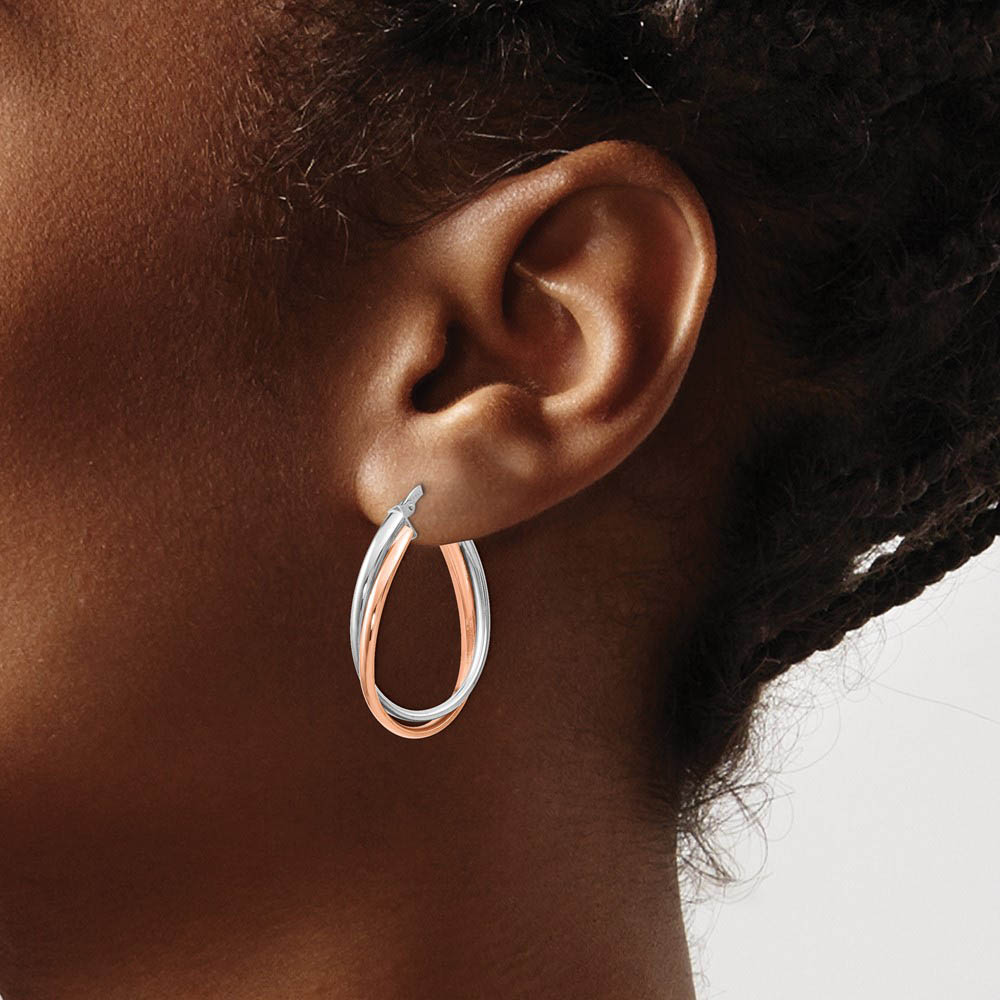 Alternate view of the 4 x 20mm (3/4 Inch) 14k White and Rose Gold Double Oval Hoop Earrings by The Black Bow Jewelry Co.