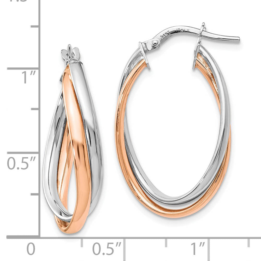 Alternate view of the 4 x 20mm (3/4 Inch) 14k White and Rose Gold Double Oval Hoop Earrings by The Black Bow Jewelry Co.