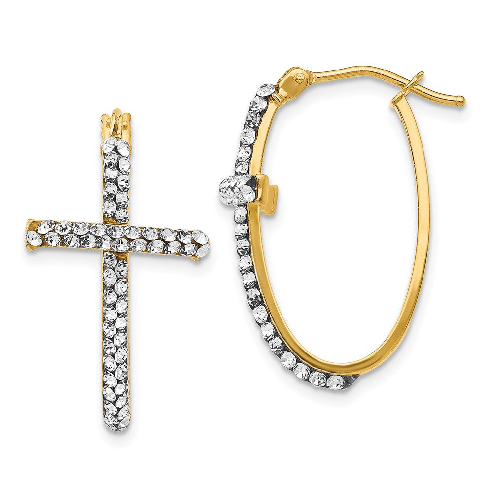 30mm (1 3/16 Inch) 14k Yellow Gold with White Crystal Cross Hoops, Item E16608 by The Black Bow Jewelry Co.