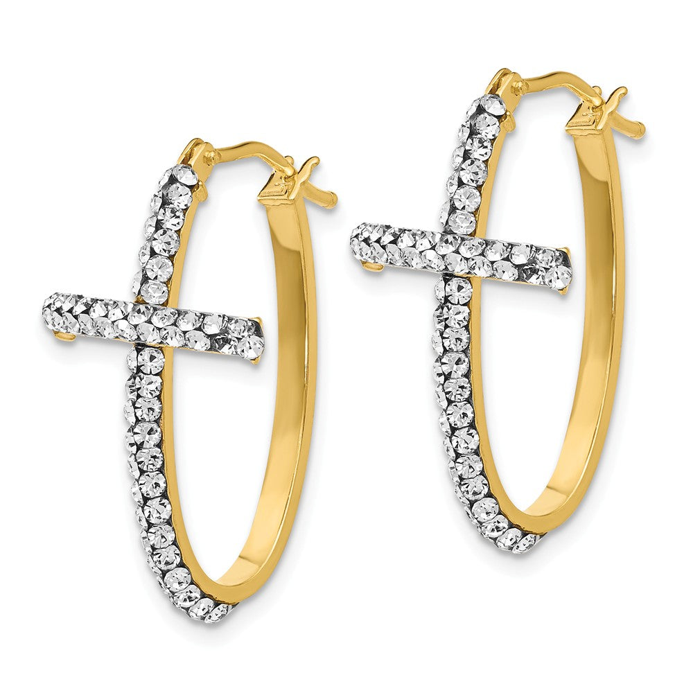 Alternate view of the 30mm (1 3/16 Inch) 14k Yellow Gold with White Crystal Cross Hoops by The Black Bow Jewelry Co.