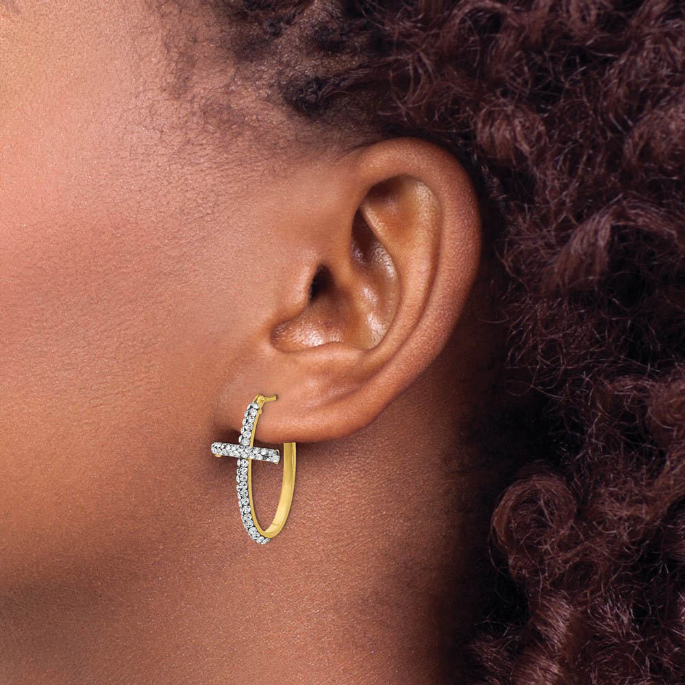 Alternate view of the 30mm (1 3/16 Inch) 14k Yellow Gold with White Crystal Cross Hoops by The Black Bow Jewelry Co.
