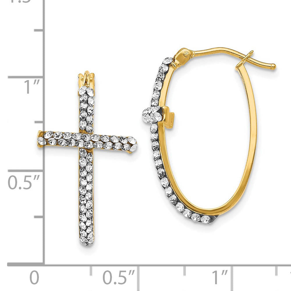 Alternate view of the 30mm (1 3/16 Inch) 14k Yellow Gold with White Crystal Cross Hoops by The Black Bow Jewelry Co.