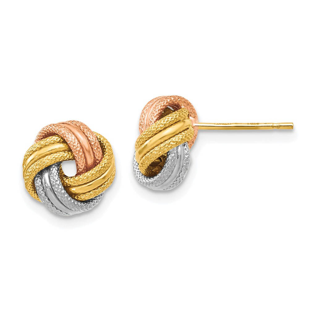 8.5mm 14k Tri-Color Gold Polished & Textured Love Knot Stud Earrings, Item E16633 by The Black Bow Jewelry Co.