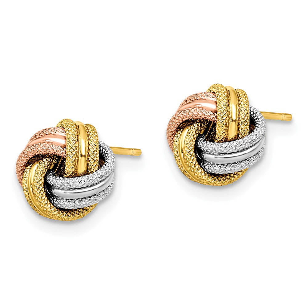 Alternate view of the 8.5mm 14k Tri-Color Gold Polished & Textured Love Knot Stud Earrings by The Black Bow Jewelry Co.