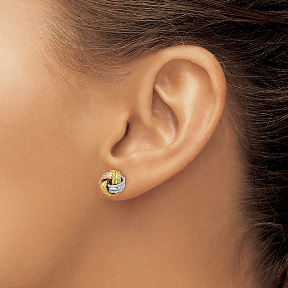 Alternate view of the 8.5mm 14k Tri-Color Gold Polished & Textured Love Knot Stud Earrings by The Black Bow Jewelry Co.