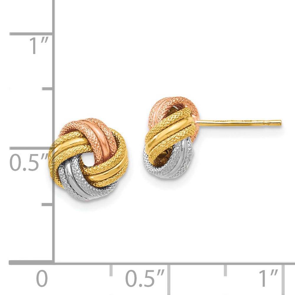 Alternate view of the 8.5mm 14k Tri-Color Gold Polished & Textured Love Knot Stud Earrings by The Black Bow Jewelry Co.