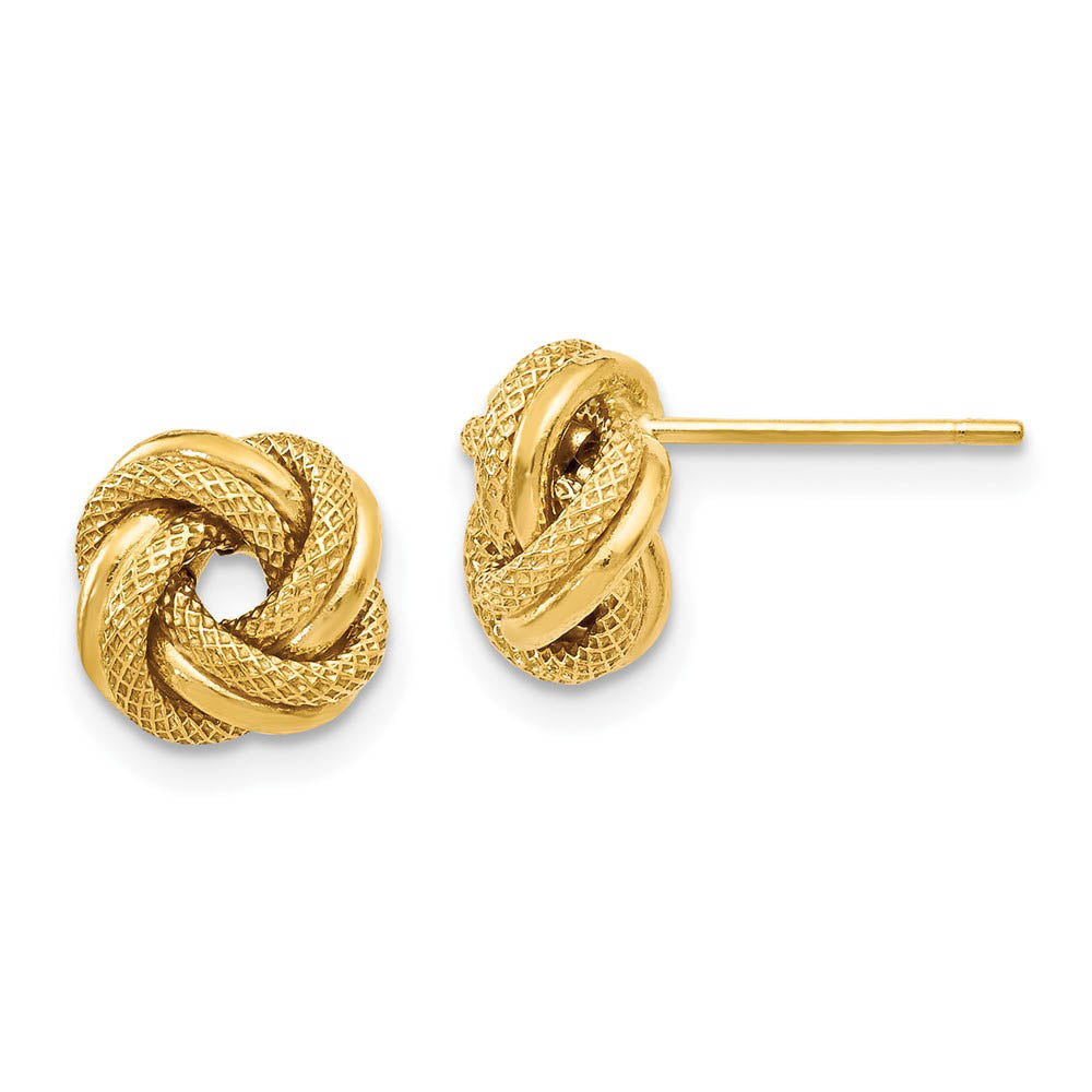 9mm (3/8 Inch) 14k Yellow Gold Polished Textured Love Knot Earrings, Item E16634 by The Black Bow Jewelry Co.