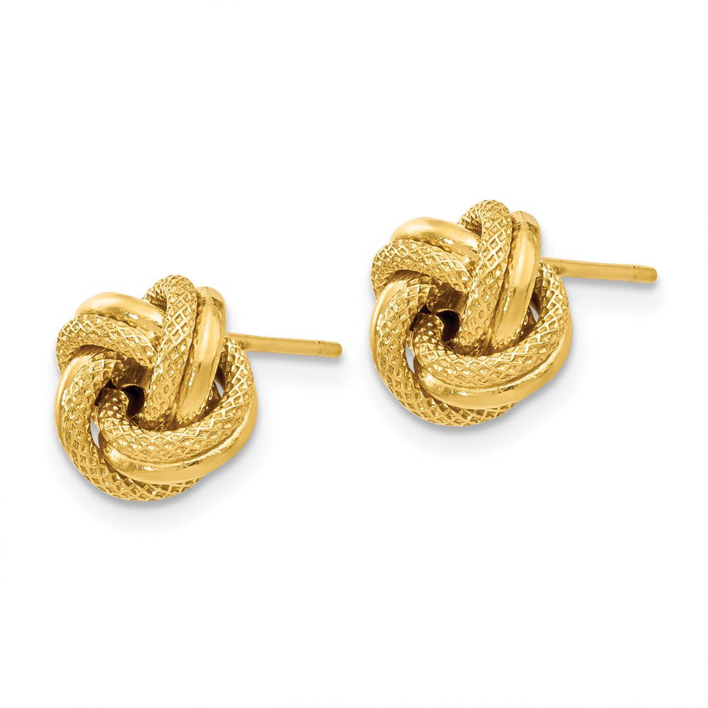 Alternate view of the 9mm (3/8 Inch) 14k Yellow Gold Polished Textured Love Knot Earrings by The Black Bow Jewelry Co.