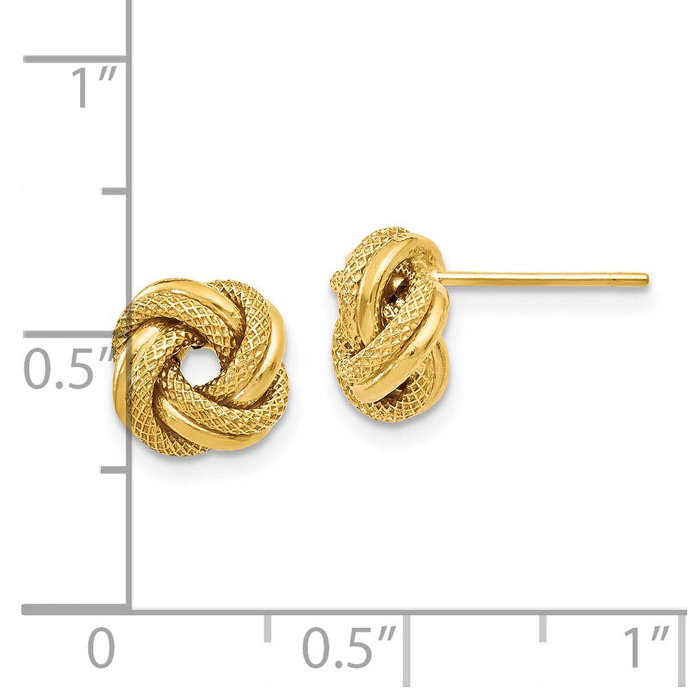 Alternate view of the 9mm (3/8 Inch) 14k Yellow Gold Polished Textured Love Knot Earrings by The Black Bow Jewelry Co.