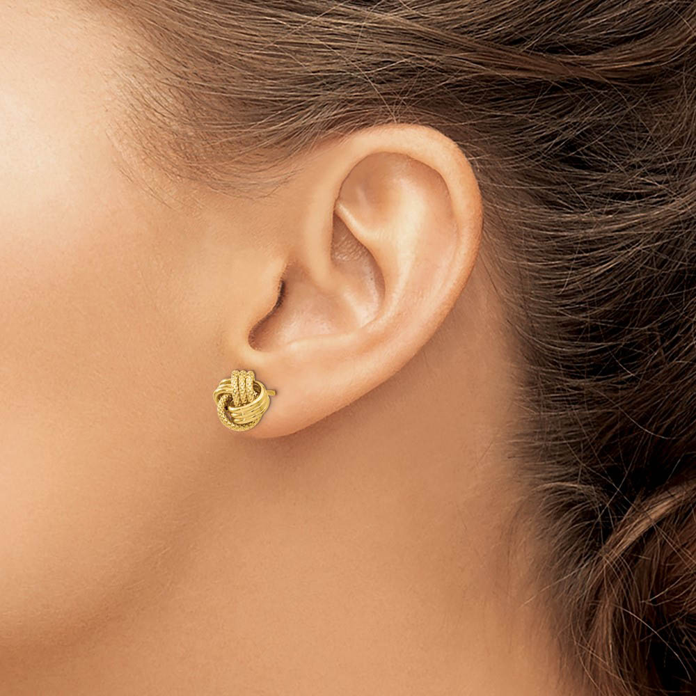 Alternate view of the 9.5mm (3/8 Inch) 14k Yellow Gold Polished Textured Love Knot Earrings by The Black Bow Jewelry Co.