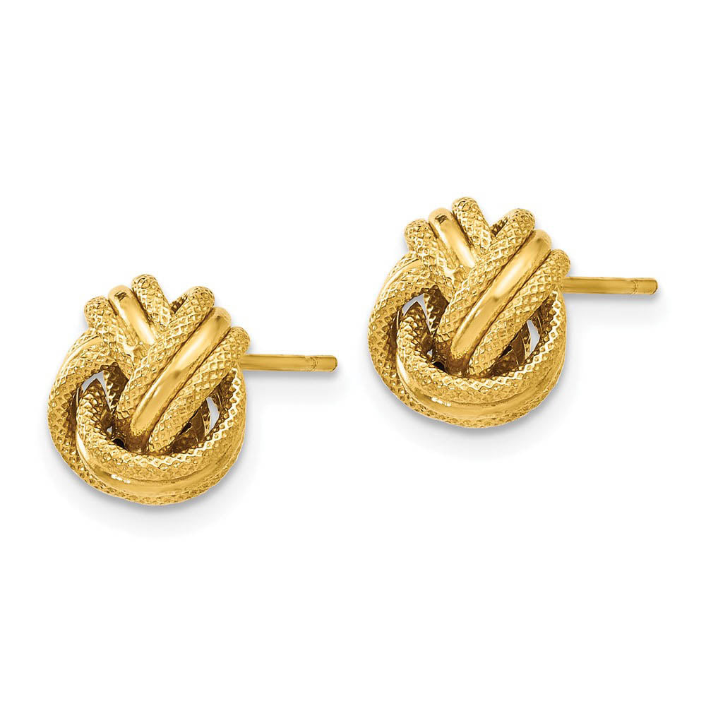 Alternate view of the 8.5mm (5/16 in) 14k Yellow Gold Polished & Textured Love Knot Earrings by The Black Bow Jewelry Co.