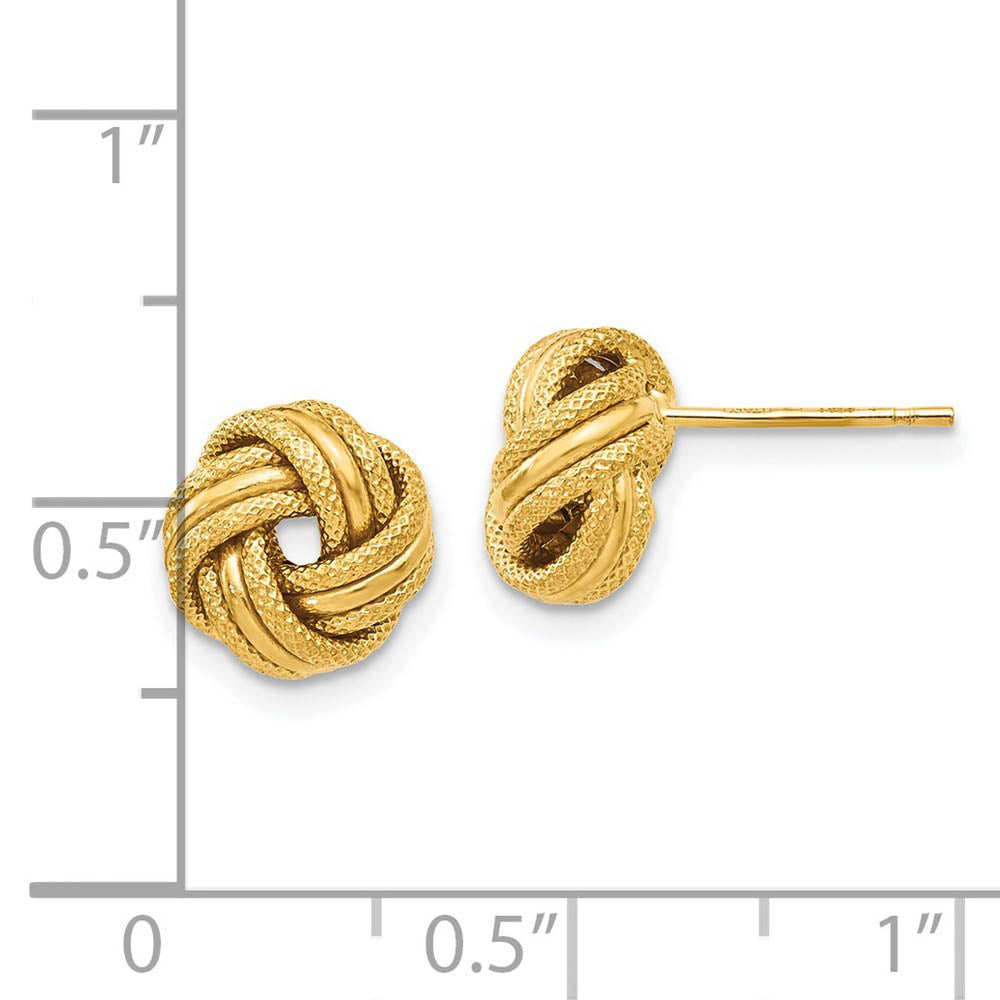 Alternate view of the 8.5mm (5/16 in) 14k Yellow Gold Polished & Textured Love Knot Earrings by The Black Bow Jewelry Co.