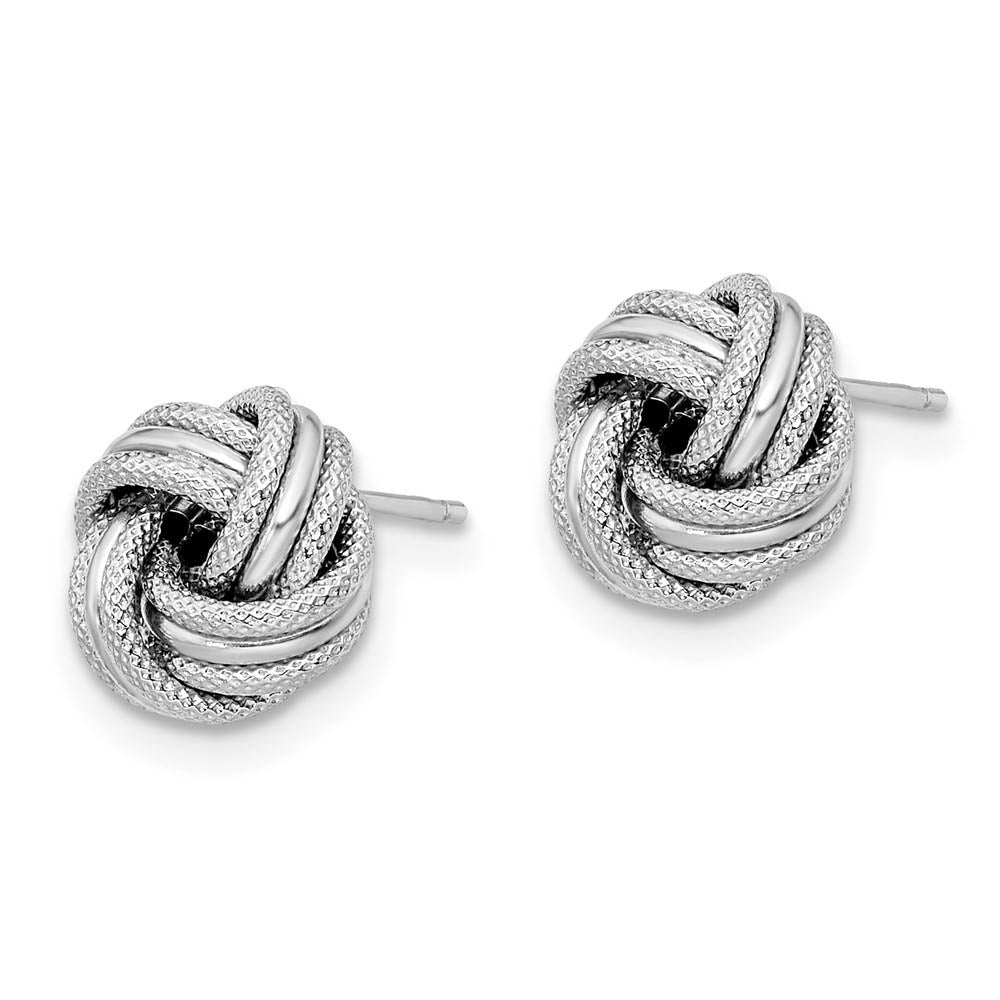 Alternate view of the 8.5mm (5/16 in) 14k White Gold Polished & Textured Love Knot Earrings by The Black Bow Jewelry Co.
