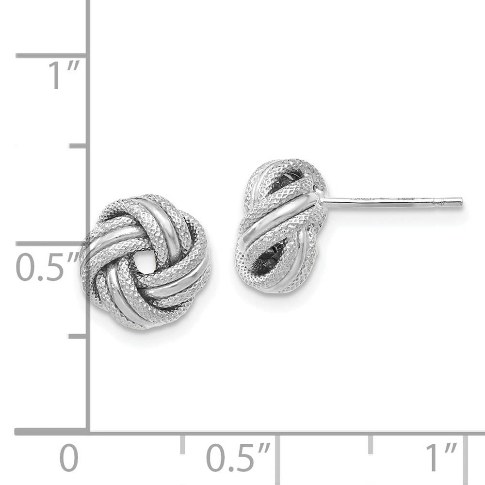 Alternate view of the 8.5mm (5/16 in) 14k White Gold Polished & Textured Love Knot Earrings by The Black Bow Jewelry Co.