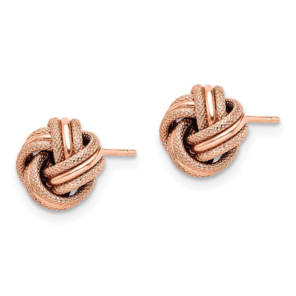 Alternate view of the 8.5mm (5/16 in) 14k Rose Gold Polished & Textured Love Knot Earrings by The Black Bow Jewelry Co.