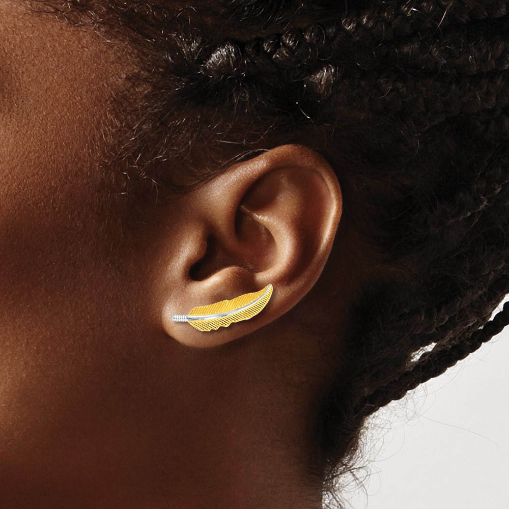 Alternate view of the 6 x 22mm 14k Yellow Gold with Rhodium Feather Ear Climber Earrings by The Black Bow Jewelry Co.