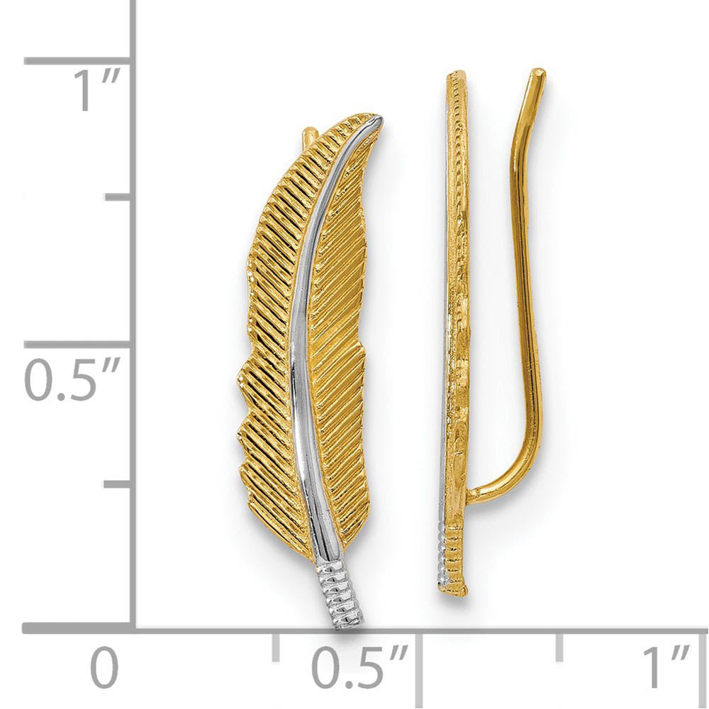 Alternate view of the 6 x 22mm 14k Yellow Gold with Rhodium Feather Ear Climber Earrings by The Black Bow Jewelry Co.